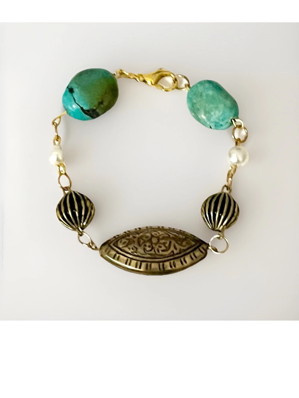 Handmade Boho Faux Turquoise Brown White Bead Chunky Bracelet Gold Tone Clasp